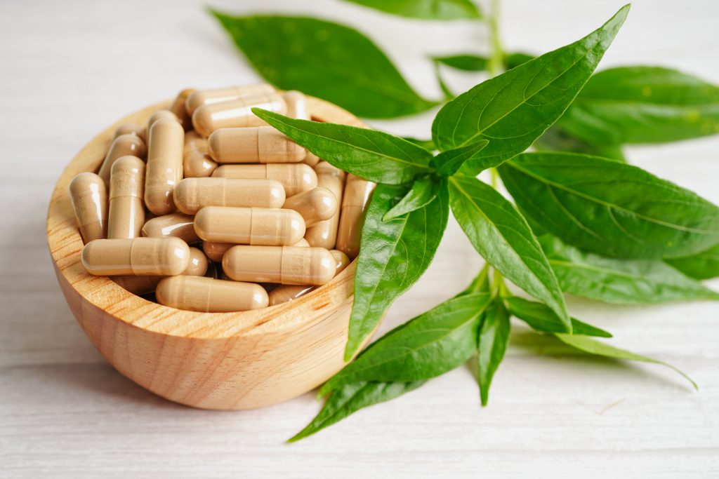 Herbal natural mens tablet capsules with leaf